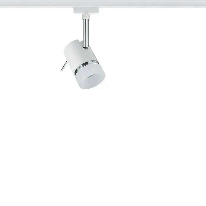 Paulmann URail LED-Spot Pipe - GU10, Weiß, Chrom - Schwenkbarer LED-Deckenspot mit weißem Gehäuse und Chromring, montiert an einer weißen Schiene für flexible Beleuchtung.