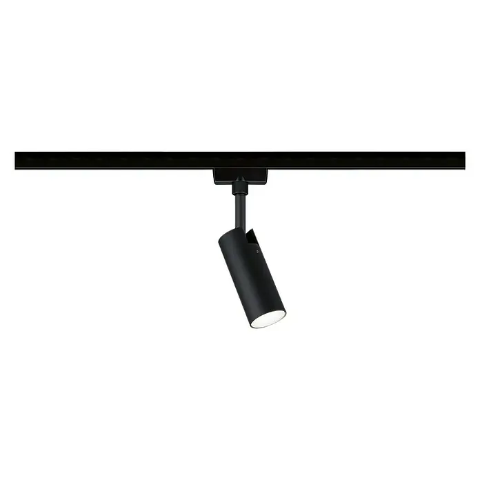 Paulmann URail LED-Spot Tubo - 4,5 W, L x B x H: 105 x 42 x 186 mm, Schwarz, Neutralweiß - Schwarzer LED-Strahler an einer Schiene, der ein helles, gerichtetes Licht abgibt und eine moderne Beleuchtungslösung darstellt.