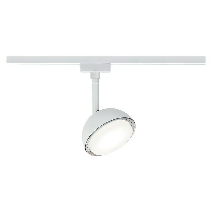 Paulmann URail LED-Spot Hemi - 5 W, Weiß, L x B x H: 56 x 100 x 170 mm - Nahaufnahme einer modernen, weißen Schienenleuchte mit LED-Beleuchtung. Stilvolles Design für eine zielgerichtete Beleuchtung im Innenbereich.