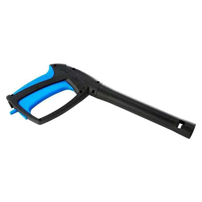 Nilfisk Pistola de alta presión G4 - Específico para: Limpiadoras de alta presión Nilfisk - La imagen muestra una pistola de pulverización azul y negra, probablemente para una hidrolavadora, sobre un fondo negro. Ideal para la limpieza.