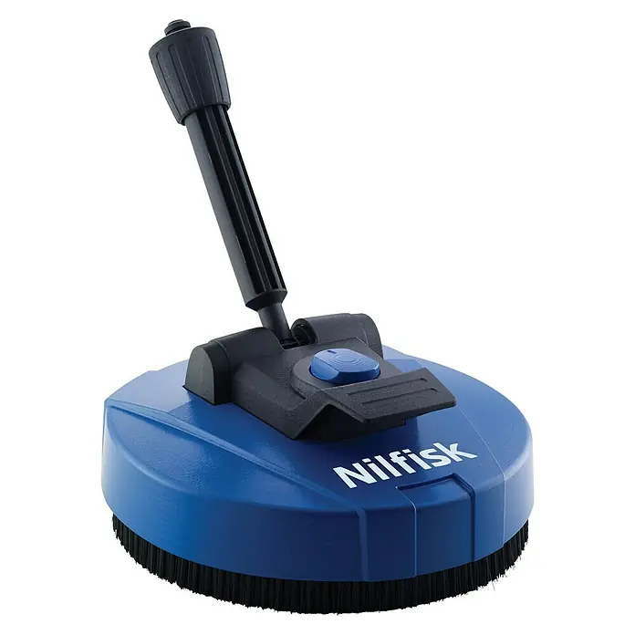 Nilfisk Accesorio de limpieza para suelos exteriores Patio - Específico para: Limpiadoras de alta presión Nilfisk - Cepillo azul Nilfisk, ideal para la limpieza de superficies exteriores. El cabezal es redondo y tiene un mango.