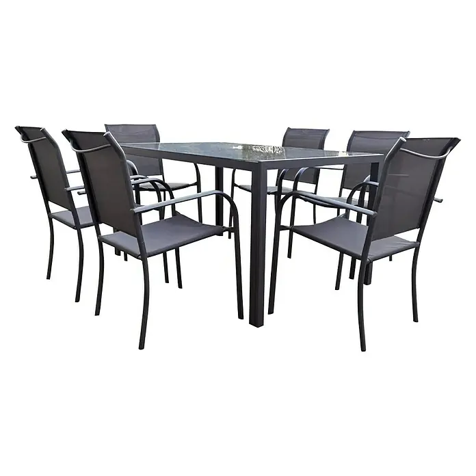 Conjunto de muebles Leila - 7 pzs., Textiline/Acero, Antracita - Un elegante conjunto de muebles de jardín con una mesa y ocho sillas a juego, ideal para relajarse y comer al aire libre.
