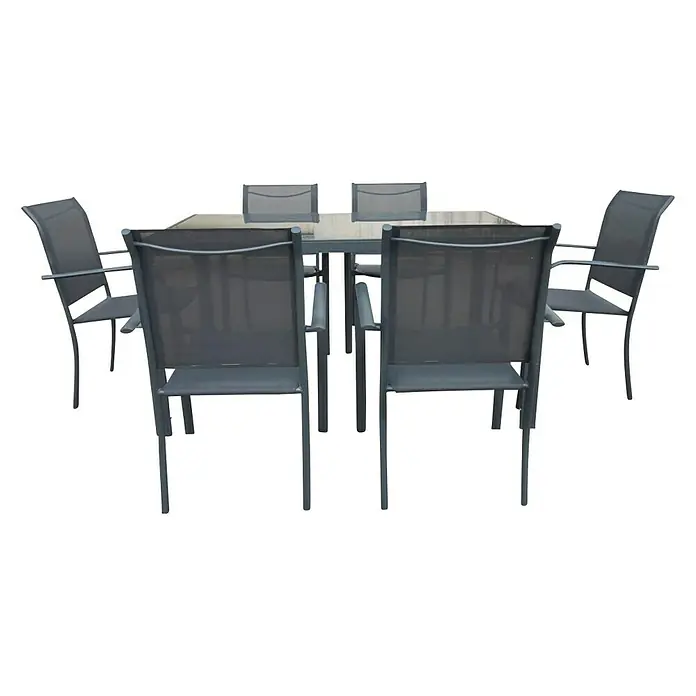 Conjunto de muebles Leila - 7 pzs., Textiline/Acero, Antracita - Conjunto de comedor exterior con mesa y seis sillas. El conjunto gris es ideal para uso en exteriores.