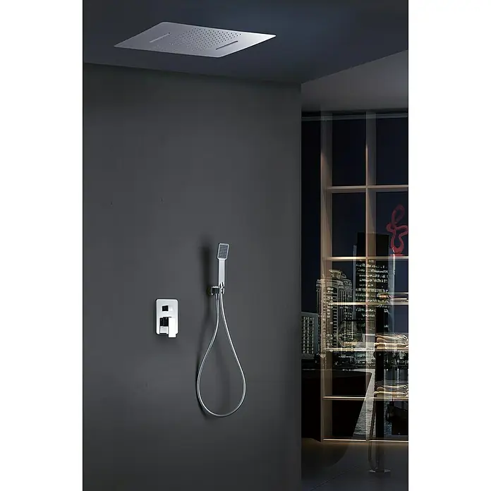 Imex Sistema de ducha empotrado Sumatra con premarco - Cromo - Diseño moderno de baño con rociador de lluvia cuadrado y teleducha en una pared gris. Accesorios de baño elegantes.