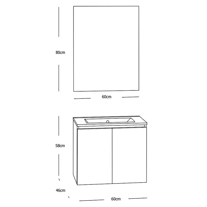 Artysan Conjunto de mueble de baño Teide - Ancho: 60 cm, 3 pzs., Nature, Mate - Esquema de un mueble de baño con lavabo y espejo, con las medidas indicadas. Estilo moderno con líneas limpias y forma rectangular.
