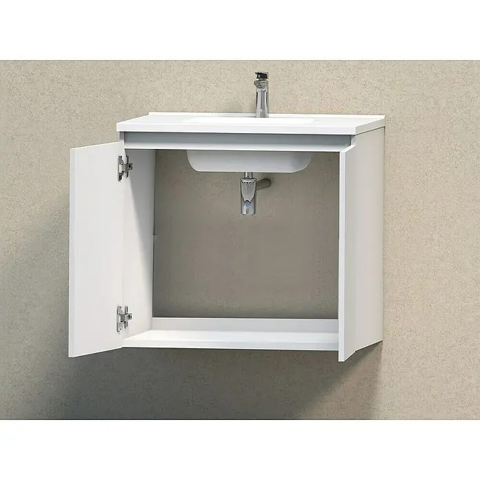 Artysan Conjunto de mueble de baño Teide - Ancho: 80 cm, 3 pzs., Blanco, Mate - Esta imagen muestra un moderno mueble de baño blanco con puertas abiertas, montado en la pared, que presenta un diseño elegante y minimalista.