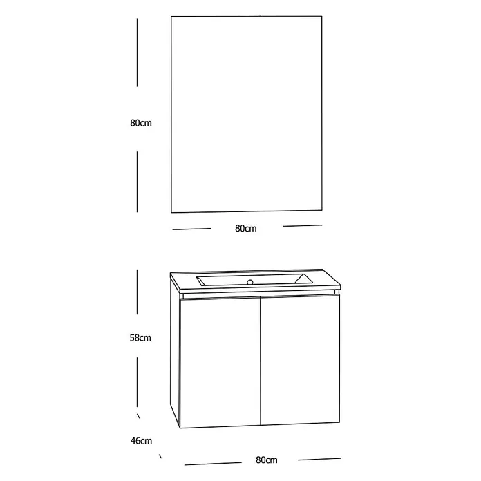 Artysan Conjunto de mueble de baño Teide - Ancho: 80 cm, 3 pzs., Nature, Mate - Imagen de un mueble de baño con lavabo y espejo, con unas medidas de 80x80 cm y 58x46 cm para el mueble.