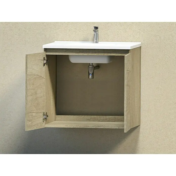 Artysan Conjunto de mueble de baño Teide - Ancho: 80 cm, 3 pzs., Nature, Mate - Foto de un mueble de baño con lavabo montado en una pared con las puertas abiertas. Aspecto moderno para cualquier baño.