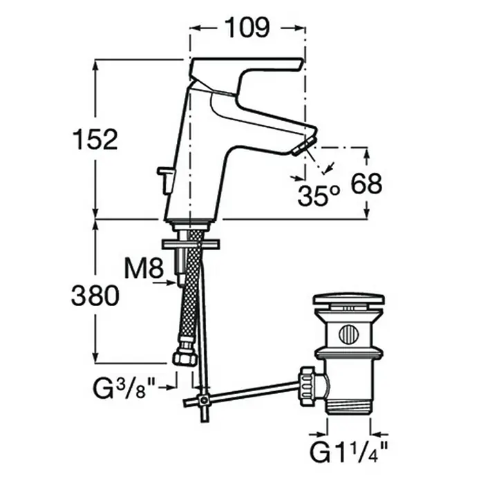 Roca Grifo de lavabo Teras-N - Cromo, Resplandeciente - Esquema de un grifo con las dimensiones 109, 152, 380, M8, 35 grados y 68, más G3/8" y G1 1/4".