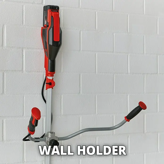 Einhell PXC 18V Desbrozadora de batería Agillo 18/200 - 18 V, 1 batería - Cortasetos de acoplamiento en el soporte de pared. Almacenamiento práctico y que ahorra espacio para sus herramientas de jardín.