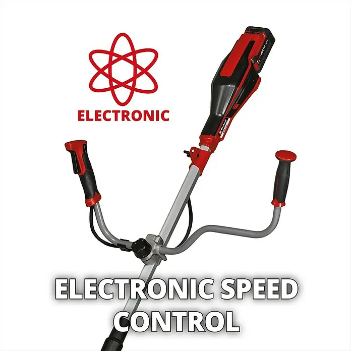 Einhell PXC 18V Desbrozadora de batería Agillo 18/200 - 18 V, 1 batería - Imagen de un cortabordes a batería con control electrónico de velocidad para jardinería precisa.