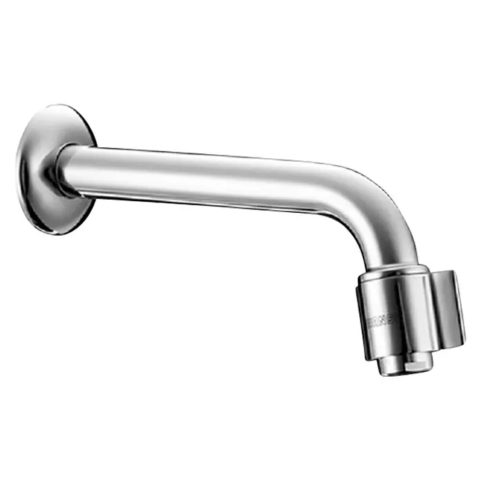 Hansa Kaltwasser-Wandventil Nova - Chrom, Glänzend, Ausladung Armatur: 186 mm - Nahaufnahme eines verchromten Duscharms, der sich elegant von der Wand weg erstreckt. Perfekt für moderne Badezimmerdesigns.