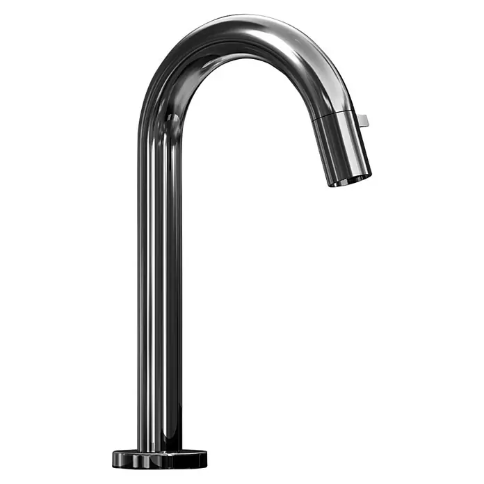 Hansa Waschtischarmatur Nova Style - Chrom, Glänzend, Ausladung Armatur: 131 mm - Eine Nahaufnahme eines modernen, verchromten Wasserhahns mit geschwungenem Auslauf vor schwarzem Hintergrund.