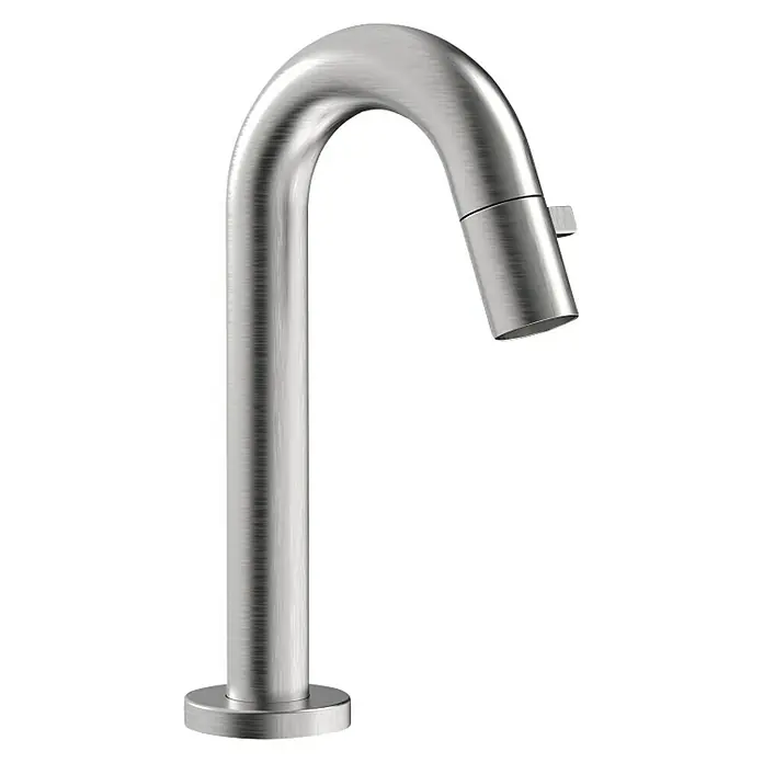 Hansa Waschtischarmatur Nova Style - Edelstahloptik, Glänzend, Ausladung Armatur: 94 mm - Nahaufnahme eines modernen, gebürsteten, silberfarbenen Wasserhahns mit elegantem Design, der Stil und Funktionalität vereint.