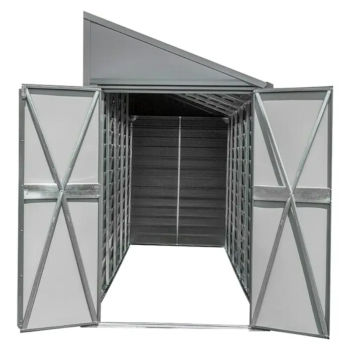 Spacemaker Geräteschrank 4x7 - Außenbreite inkl. Dachüberstand: 124 cm, Außentiefe inkl. Dachüberstand: 203 cm, Stahl, Grau - Eine offene Metall-Gartengerätebox mit Doppeltür und asymmetrischem Dach. Ideal zur wetterfesten Lagerung von Gartengeräten.