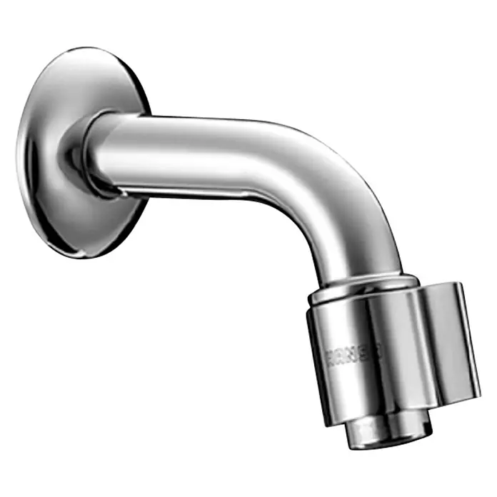 Hansa Waschtischarmatur NovaWandmontage, Chrom, Glänzend, Ausladung Armatur: 106 mm - Nahaufnahme eines glänzenden, verchromten Wasserhahns mit gebogenem Auslauf und runder Rosette an der Wand.