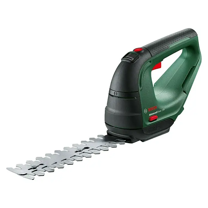 Bosch Power for All 18V Podadora de batería AdvancedShear 18 - 18 V, Iones de litio, Sin batería, Anchura de la hoja: 10 cm - La imagen muestra unas tijeras de jardinería inalámbricas Bosch AdvancedShear 18V con una hoja plateada sobre un fondo negro.