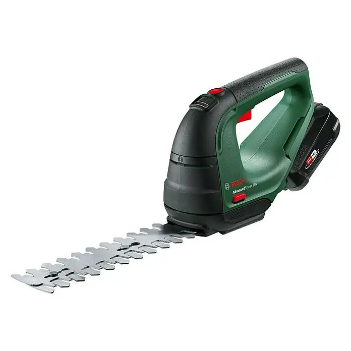 Bosch Power for All 18V Akku-Gras- & Strauchschere AdvancedShear 18V-10 - 18 V, Li-Ionen, 1 Akku, Schwertbreite: 10 cm - Bild einer Akku-Heckenschere AdvancedShear 18V von Bosch mit scharfen Klingen und ergonomischem Design für präzise Gartenschnitte.