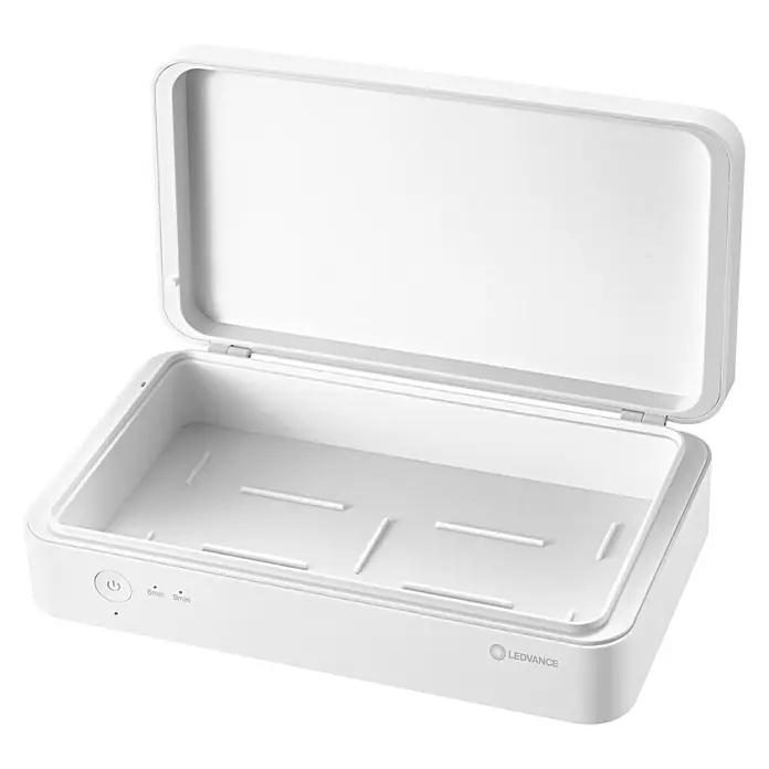 Ledvance Desinfektionsbox UVC LED - Weiß, 21,9 x 12,6 x 6,3 cm, USB-Anschluss - Offene weiße UV-C Sterilisationsbox von Ledvance zur Desinfektion kleiner Gegenstände wie Smartphones und Schlüssel.