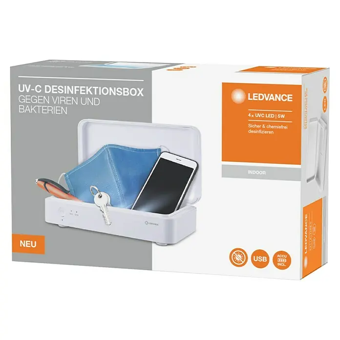 Ledvance Desinfektionsbox UVC LED - Weiß, 21,9 x 12,6 x 6,3 cm, USB-Anschluss - UV-C Desinfektionsbox von LEDVANCE zur sicheren und chemiefreien Desinfektion von Gegenständen wie Masken und Smartphones.