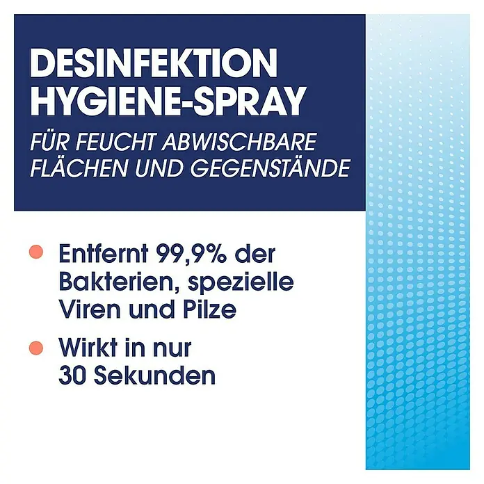 Sagrotan Hygienespray Desinfektion - 250 ml, Sprühflasche - Bild eines Desinfektions-Hygienesprays, das 99,9 % der Bakterien, Viren und Pilze entfernt und in nur 30 Sekunden wirkt.