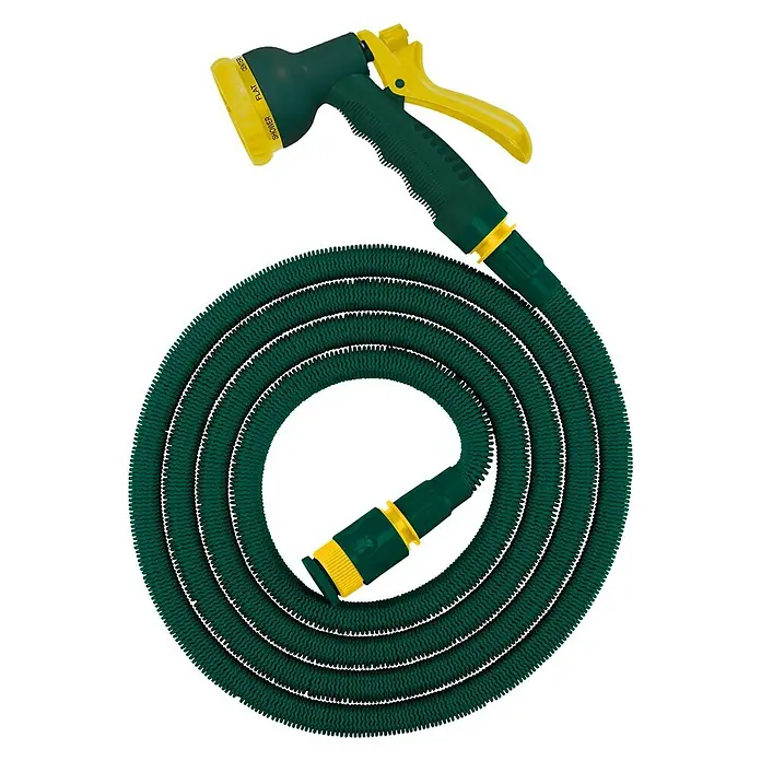 Steuber Gartenschlauch - Länge: 24,8 m, Schlauchdurchmesser: 10 mm, Grün - Bild einer grünen Gartenschlauchrolle mit gelbem Sprühkopf und Anschlussstück.
