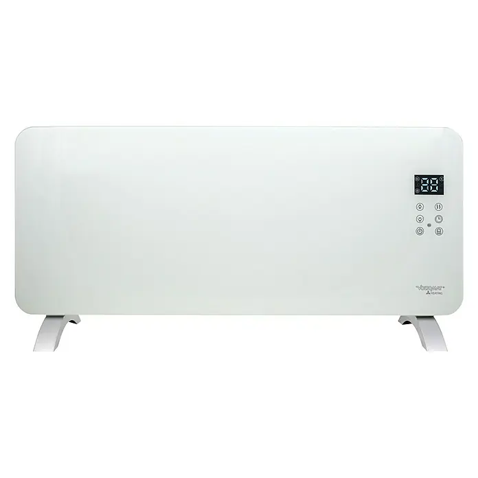 Voltomat HEATING Konvektorheizung - 2.000 W, Raumgröße bis ca. 25 m², Weiß - Eine Nahaufnahme einer weißen Voroмат Heizung mit digitaler Anzeige und Bedienelementen auf schlanken Füßen.