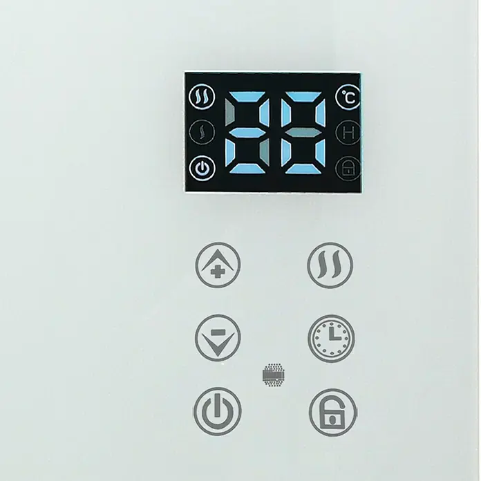 Voltomat HEATING Konvektorheizung - 2.000 W, Raumgröße bis ca. 25 m², Weiß - Nahaufnahme eines digitalen Displays und verschiedener Tasten an einem weißen Gerät.