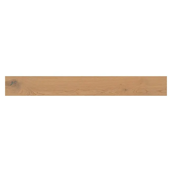 Parquet compact roble blanco - 1.200 x 145 x 10 mm - Primer plano de una lama de madera marrón claro con vetas. Ideal para suelos o revestimientos de pared con un aspecto natural.