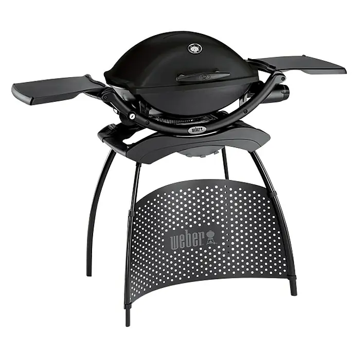Weber Barbacoa de gas Q2200 - Superficie de la parrilla (An x Pr): 54 x 39 cm, 3,52 kW, Número de quemadores: 1 - Barbacoa de gas negra Weber Q 1200 con mesas laterales y soporte, ideal para balcones o viajes. Solución compacta y potente.