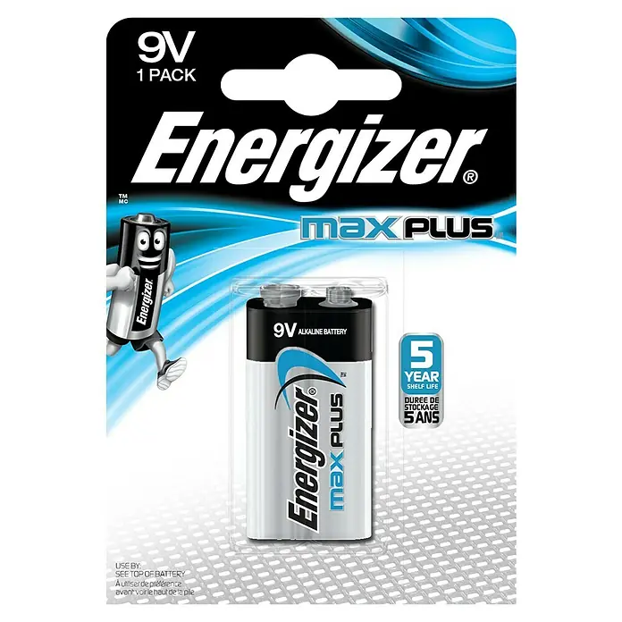 Energizer Batterie Max Plus - Alkali-Mangan, 9-Volt-Block, 1 Stk. - Abbildung einer 9V Energizer Max Plus Batterie in der Einzelverpackung, die eine lange Lebensdauer und zuverlässige Leistung verspricht.