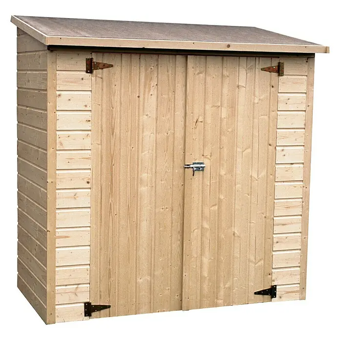 Décor et Jardin Armario de jardín Albecove - Espesor de pared: 12 mm - Imagen de un cobertizo de jardín de color madera clara con puerta doble y techo inclinado, ideal para guardar objetos de jardín.