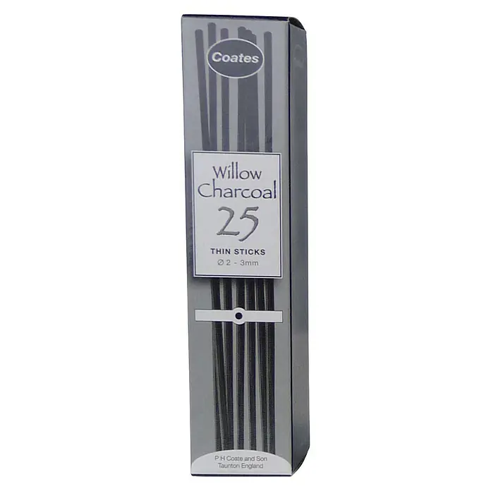 Talens Lápiz de carbón - Grosor de trazo: 2 mm - 3 mm, Negro - Paquete de carboncillo de sauce Coates, 25 barras finas, ideal para artistas. Carboncillo con Ø 2-3mm para líneas finas y sombreado.