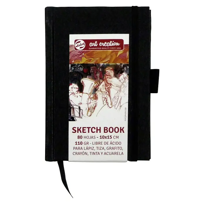 Talens Art Creation Bloc para esbozos Sketch book - 110 g/m² - Cuaderno de bocetos negro Art Creation de Talens con una banda de jazz estampada en la portada.