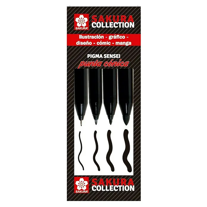 Talens Sakura Set de marcadores de efecto lacado Pigma Sensei Punta Cónica - 4 ud., Negro - Un primer plano de los bolígrafos Pigma Sensei de la colección Sakura con punta cónica, perfectos para ilustraciones, diseño gráfico, cómics y manga.
