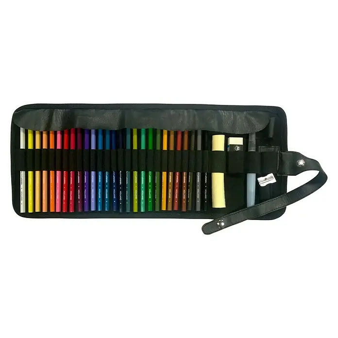 Talens Art Creation Estuche de pintor para lapices - 20 x 11 cm, Negro, Rectangular - Un estuche de lápices de cuero negro abierto lleno de lápices de colores, lápices y un sacapuntas.