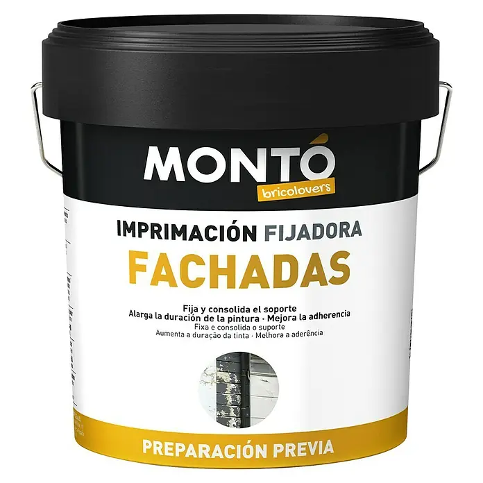 Montó Bricolovers Imprimación de adherencia Fachadas - Blanco, 4 l - Imagen de un cubo de imprimación para fachadas Montó, un producto para preparar superficies exteriores antes de pintar.