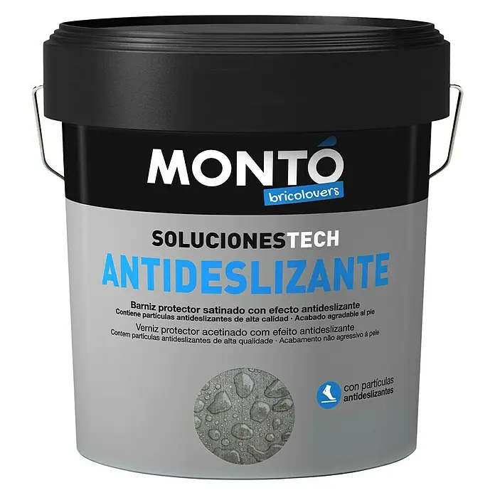 Montó Barniz protector Antideslizante - Incoloro, 4 l - Imagen del producto de un cubo MONTO Antideslizante, una solución de recubrimiento antideslizante para superficies, con un acabado satinado y efecto protector.