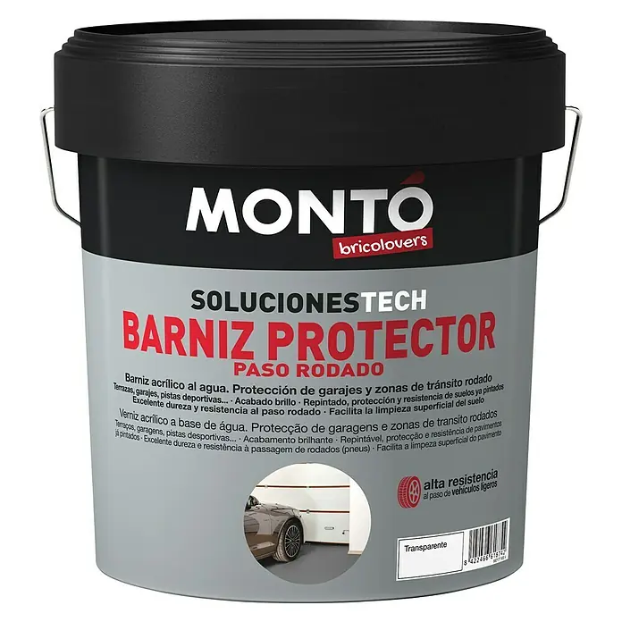 Montó Bricolovers Barniz para suelos Paso rodado - Incoloro, Brillante, 4 l, Base de agua - Un bote de barniz acrílico al agua "Barniz Protector Paso Rodado" de Monto, ideal para garajes y zonas de tránsito.