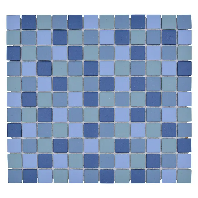 Mosaikfliese Mix JT AT 251 - 32,6 x 30 cm, Blau, Matt - Nahaufnahme eines Mosaiks mit kleinen, quadratischen Fliesen in verschiedenen Blautönen, ideal für Badezimmer oder Küchen.