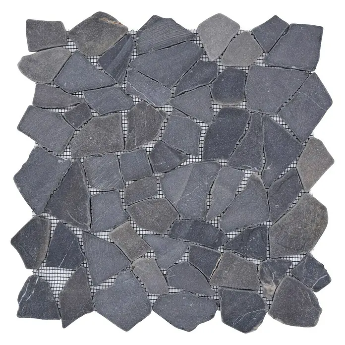 Mosaikfliese Uni CIOT 30/120 - 30,5 x 30,5 cm, Schwarz, Matt - Quadratisches Mosaikfliesenmuster mit grauen, unregelmäßig geformten Steinen auf einem weißen Netz.
