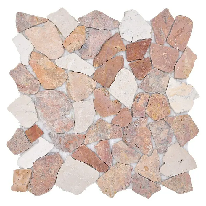 Mosaikfliese Mix CIOT 30/130 - 30,5 x 30,5 cm, Rot/Weiß, Matt - Das Bild zeigt ein Mosaik aus unregelmäßigen Natursteinen in verschiedenen Rosa- und Beigetönen, die ein attraktives Muster bilden.