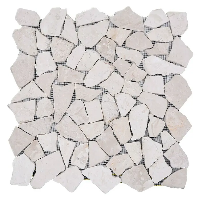 Mosaikfliese Uni CIOT 30/100 - 30,5 x 30,5 cm, Weiß, Matt - Beige Mosaikfliese mit unregelmäßigen Steinen auf einem schwarzen Netz. Ideal für Badezimmer, Küche und andere Innenräume.