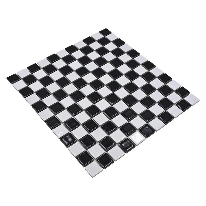Mosaikfliese Quadrat Mix BM 048 - 32,6 x 30 cm, Schwarz/Weiß, Glänzend - Quadratisches Mosaikmuster in Schwarz und Weiß für stilvolle Wand- und Bodendesigns.