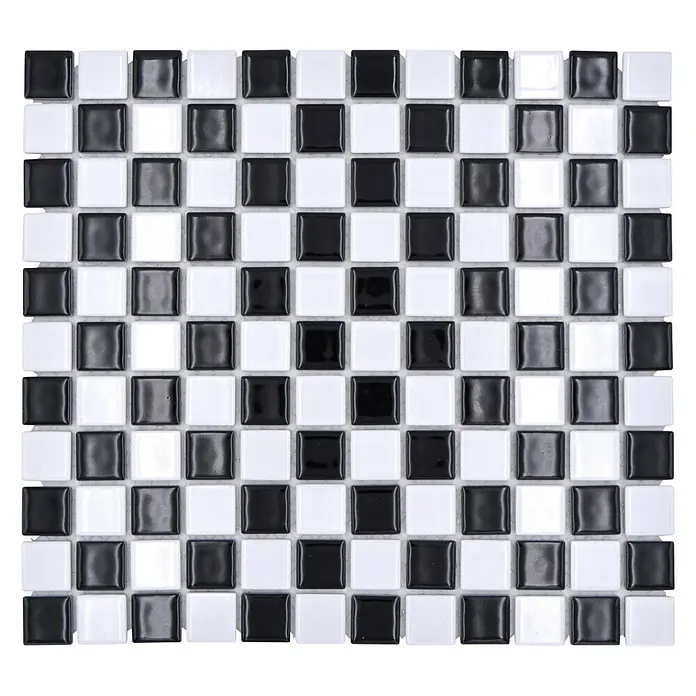 Mosaikfliese Quadrat Mix BM 048 - 32,6 x 30 cm, Schwarz/Weiß, Glänzend - Bild eines Mosaikfliesenmusters in Schwarz und Weiß, das ein Schachbrettmuster bildet, ideal für Badezimmer oder Küchenrückwände.