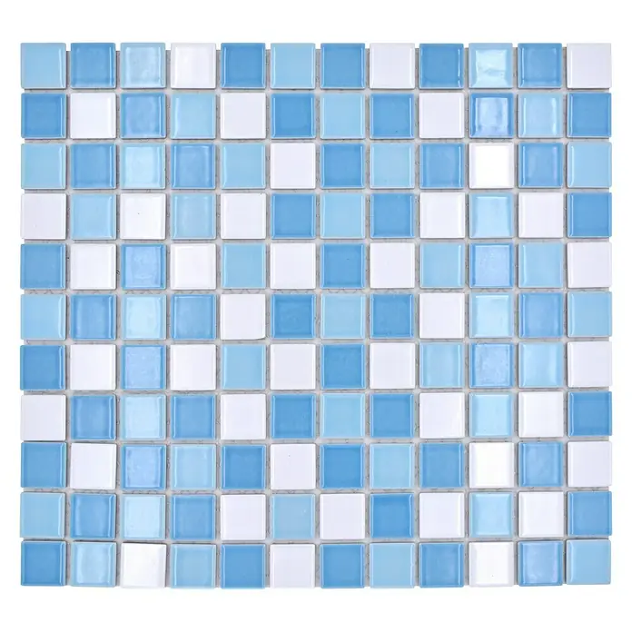 Mosaikfliese Quadrat Mix BM 300 - 32,6 x 30 cm, Blau/Weiß, Glänzend - Mosaikfliesen mit quadratischem Muster in blauen und weißen Farbtönen für stilvolle Wand- und Bodengestaltung.