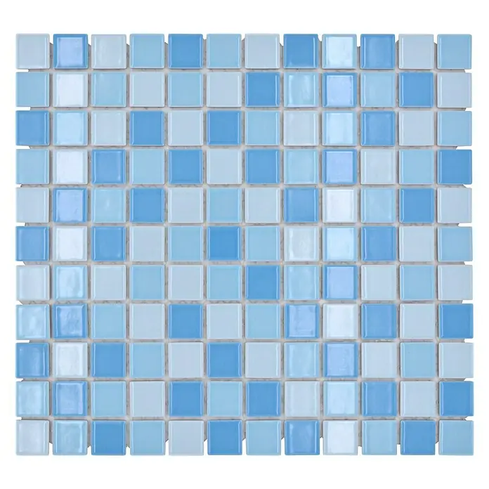 Mosaikfliese Quadrat Mix BM 200 - 32,6 x 30 cm, Blau, Glänzend - Nahaufnahme eines quadratischen Mosaiks mit verschiedenen Blautönen, ideal für Badezimmer oder Schwimmbäder.