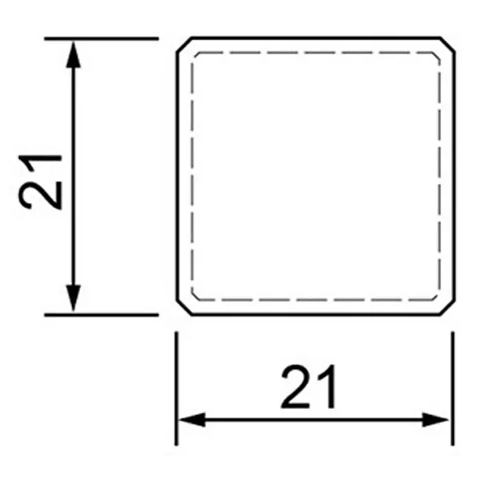 Eckstäbchen - 21 x 21 x 95 mm, Weiß, 4 Stk. - Die Grafik zeigt ein Quadrat mit abgerundeten Ecken und einer Seitenlänge von 21 Einheiten, dargestellt mit Maßlinien.