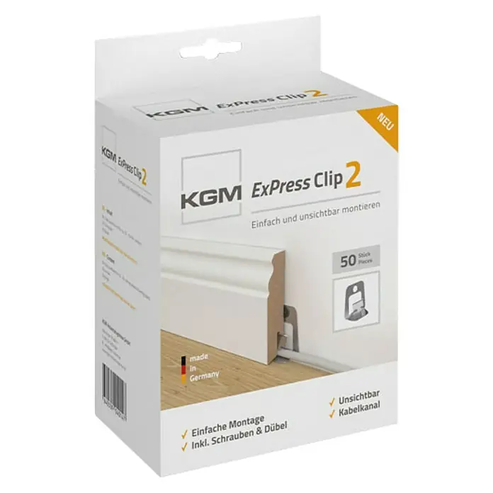 Leistenclip ExPress Clip 2 - 50 Stk. - Bild einer Packung KGM Express Clip 2, zur unsichtbaren Montage von Fußleisten mit integriertem Kabelkanal.