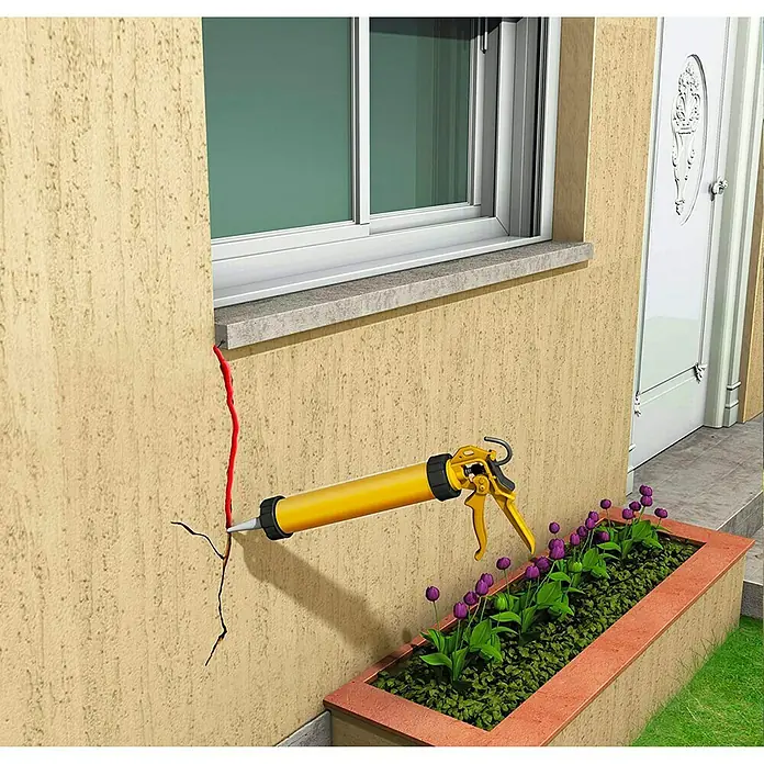 Sika Acryl-Dichtmasse - Transparent, 300 ml - Abdichtung von Rissen in der Wand mit einer gelben Kartuschenpistole.